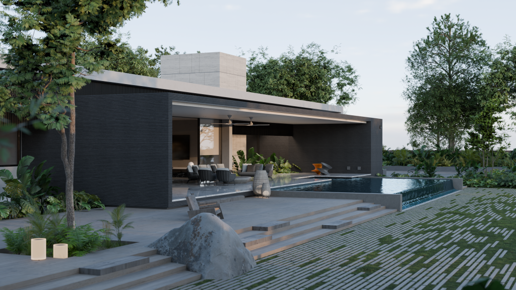 shaded verandah overlooking a tranquil pool and garden