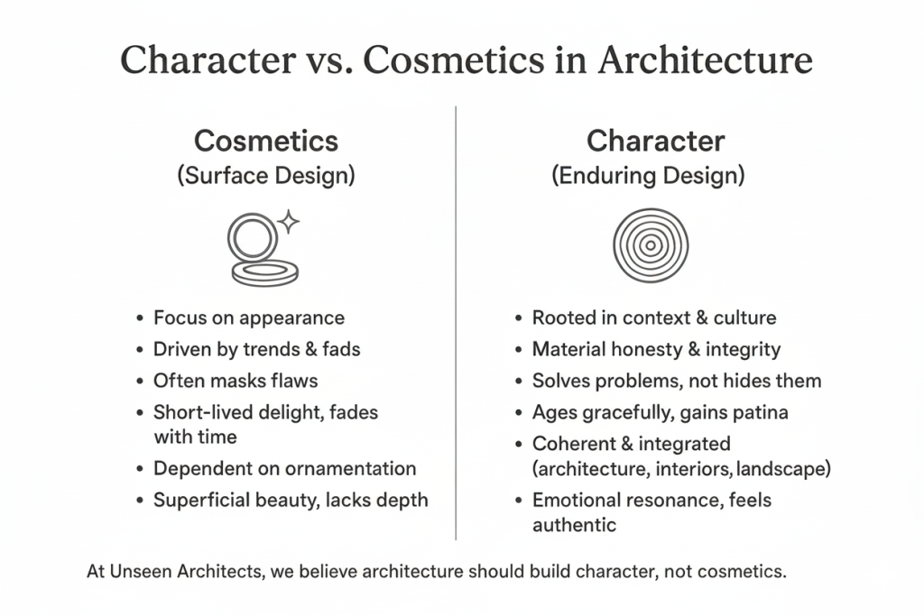 Character vs Cosmetics in Architecture – comparison of enduring, context-driven design versus superficial, trend-driven design by Unseen Architects.